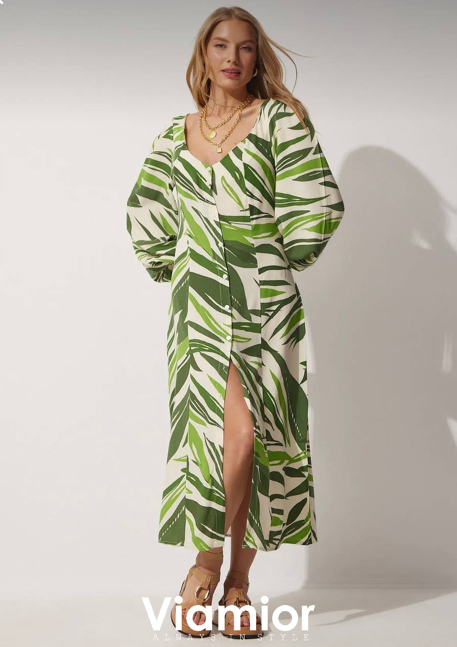 Beige - Green Dress