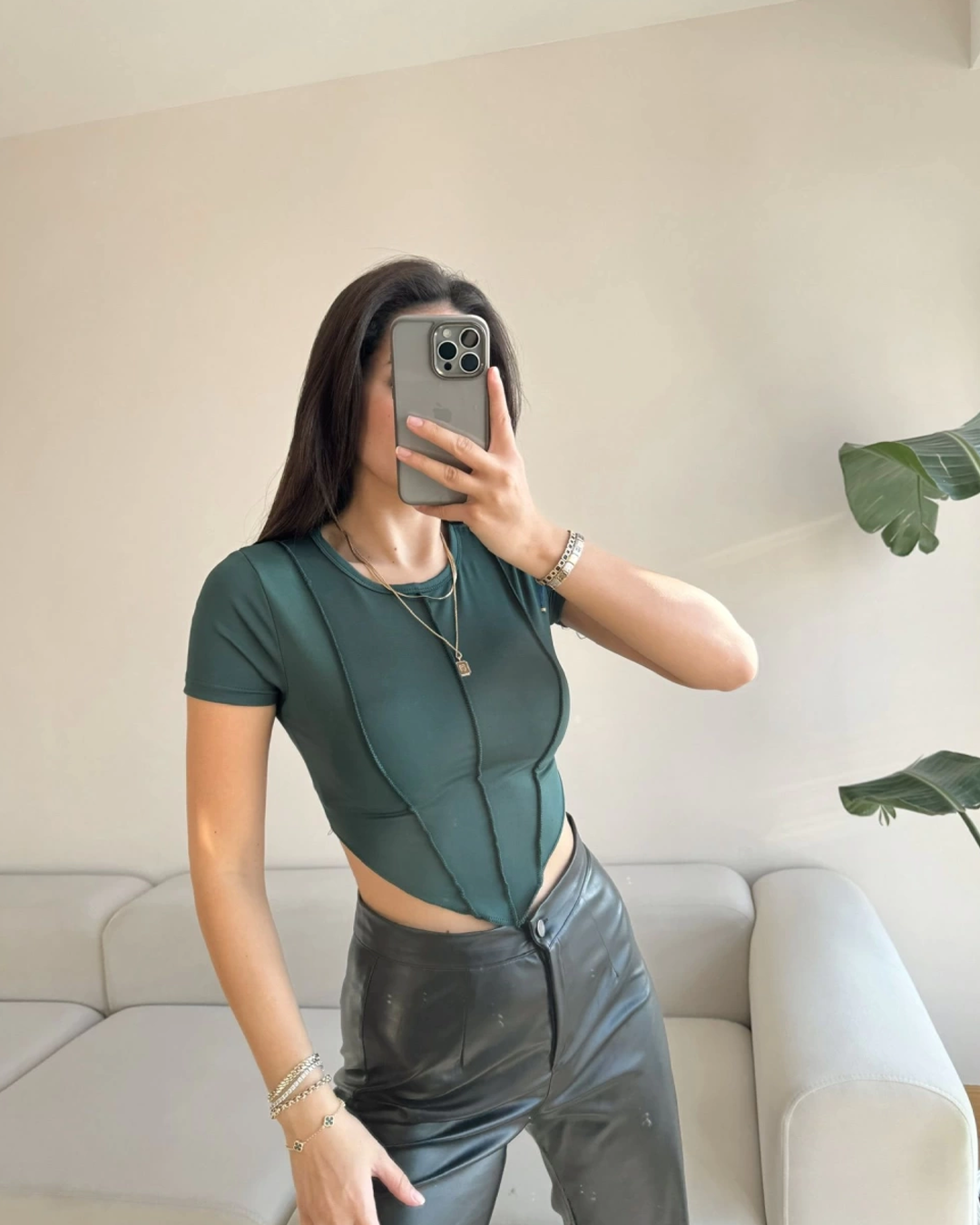 Asymmetrical Stitching Detailed Sandy Crop