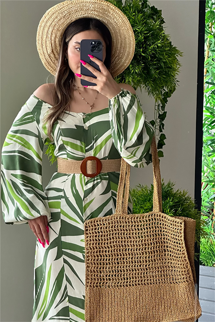Beige - Green Dress