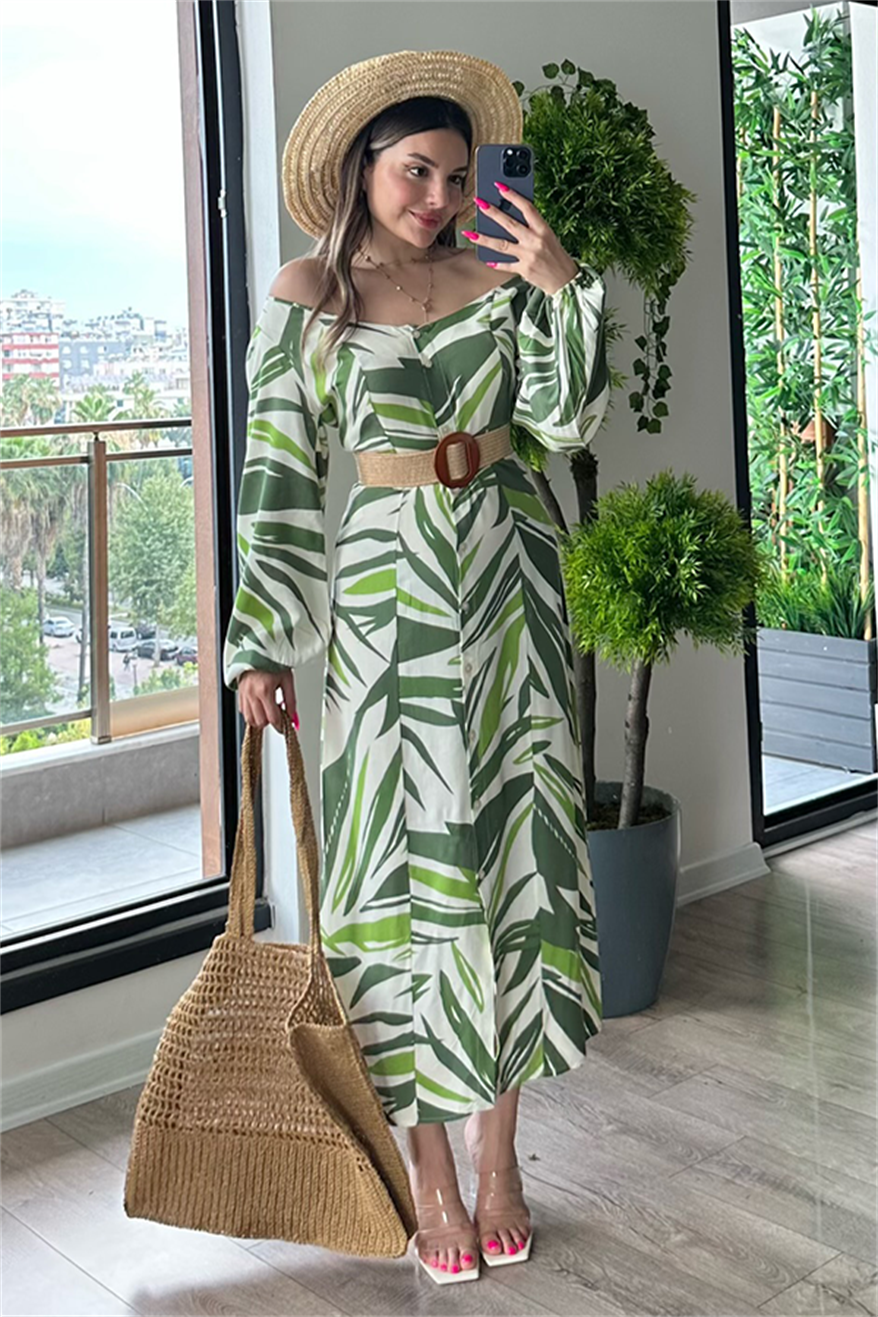 Beige - Green Dress