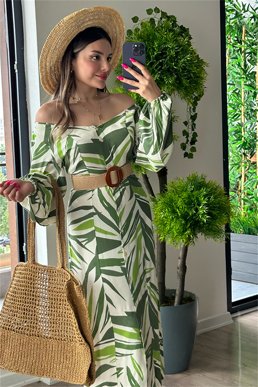 Beige - Green Dress