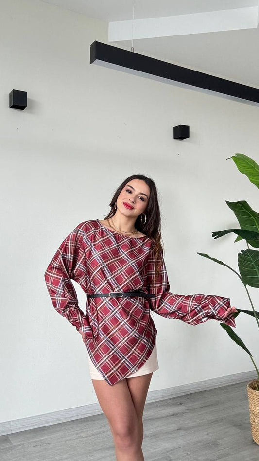 Stylish Plaid Burgundy Top