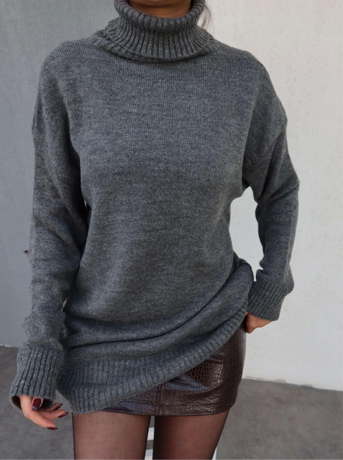 Grey Wool Turtleneck Top