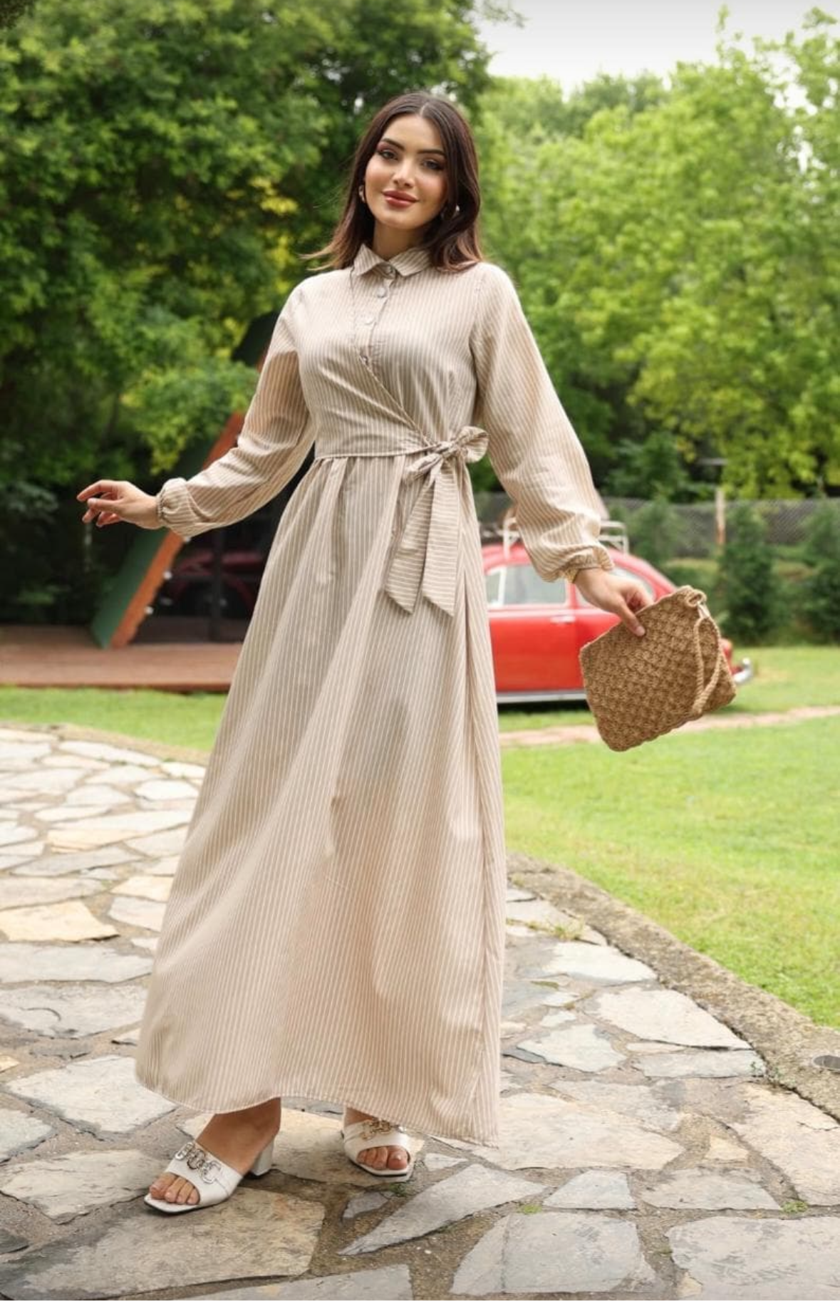 Sophia Beige Lines Dress