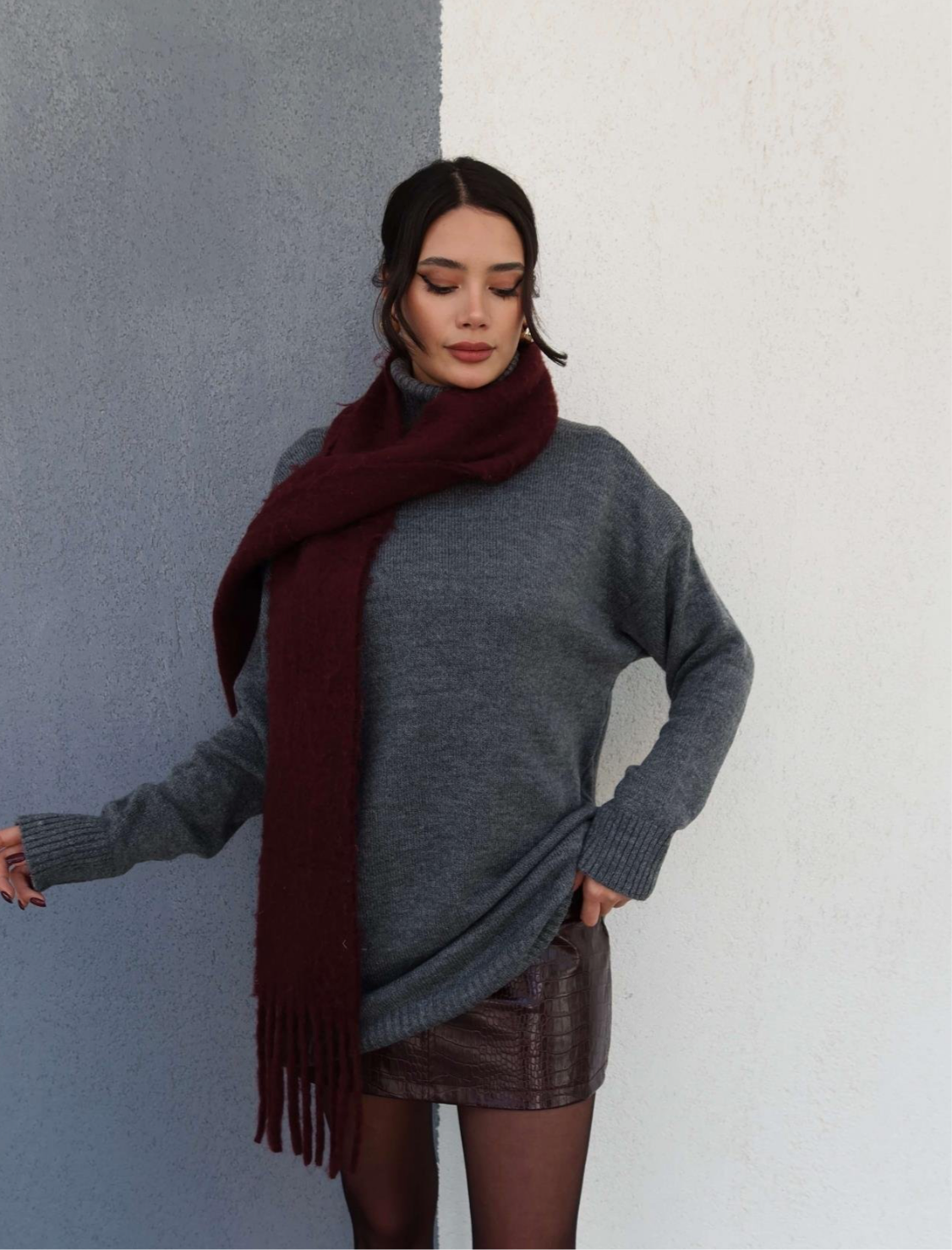 Grey Wool Turtleneck Top