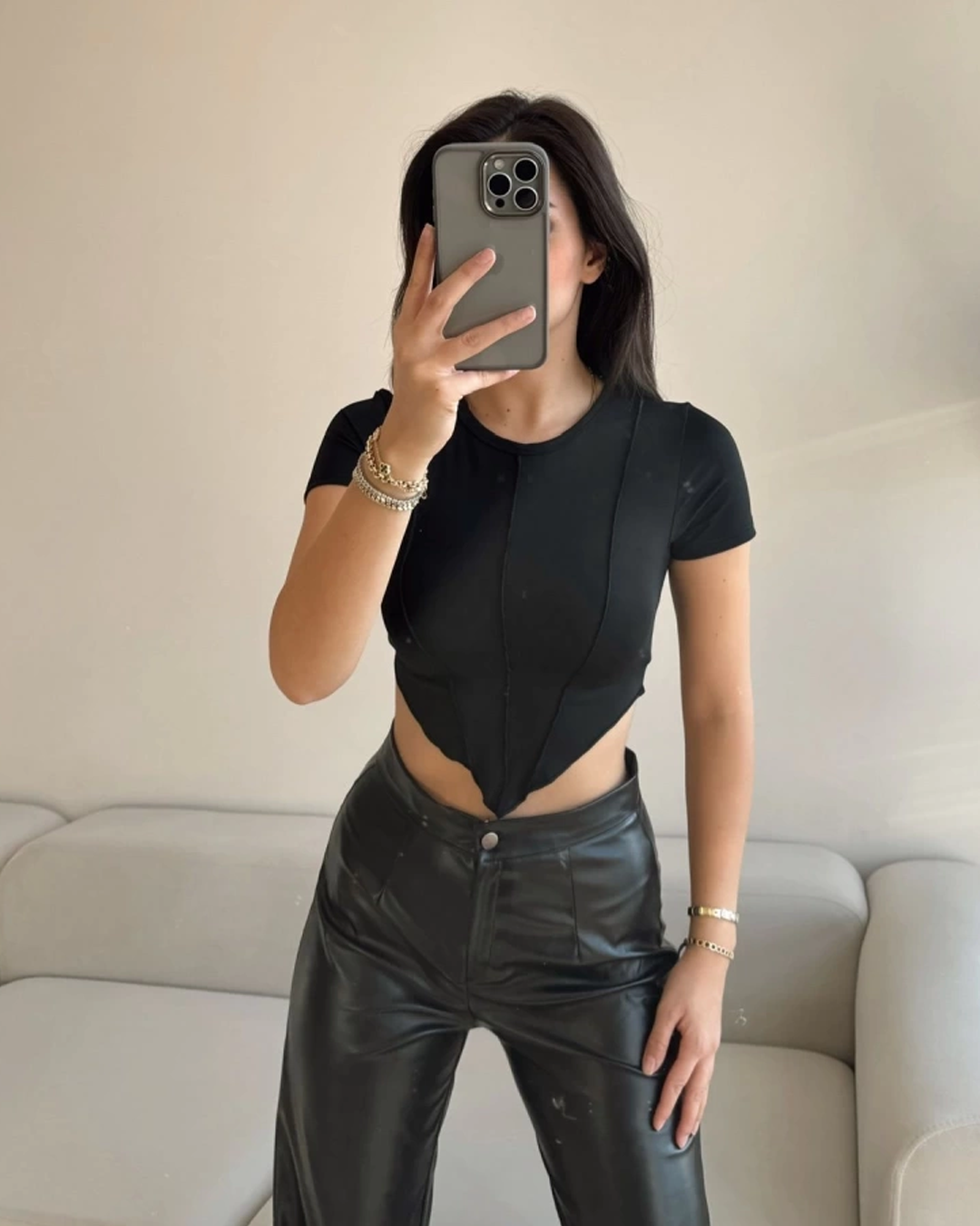 Asymmetrical Stitching Detailed Sandy Crop