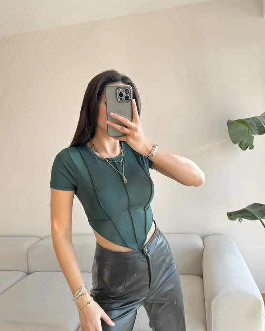 Asymmetrical Stitching Detailed Sandy Crop